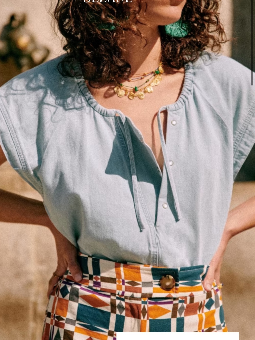 Sézane Light Blue Tie-Front Cap Sleeve Blouse